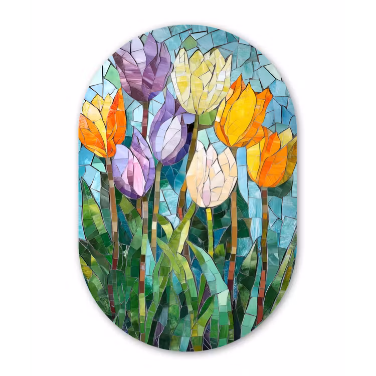 Mozaïek - Veld - Tulpen - Kleurrijk Wandcirkel Ovaal Glas middel -3d
