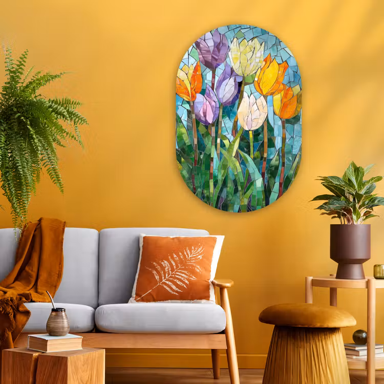 Mozaïek - Veld - Tulpen - Kleurrijk Wandcirkel Ovaal Glas middel -sfeer4
