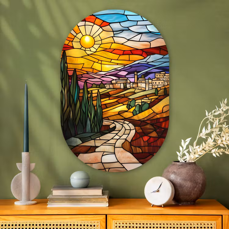 Mozaïek - Zon - Landschap - Dorp Wandcirkel Ovaal Glas middel -sfeer2
