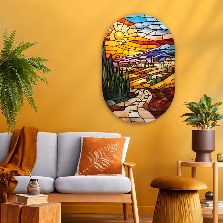 Mozaïek - Zon - Landschap - Dorp Wandcirkel Ovaal Glas middel -sfeer4