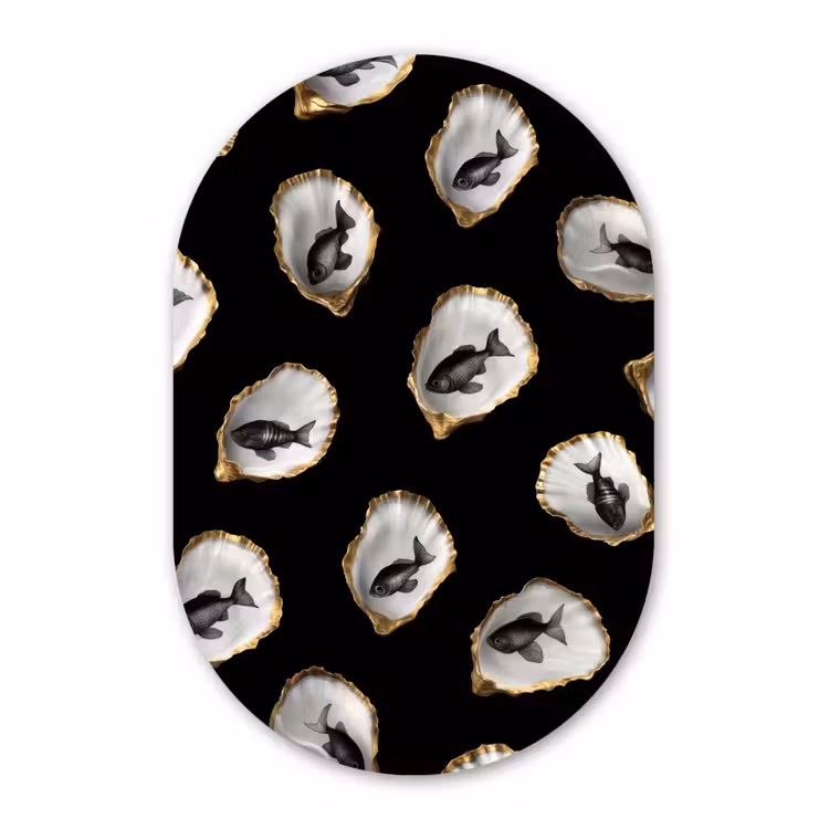 Oesters - Zwart - Vissen - Goud Wandcirkel Ovaal Glas middel -3d