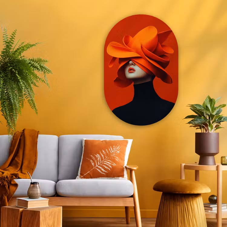 Oranje - Hoed - Vrouw Wandcirkel Ovaal Glas middel -sfeer4