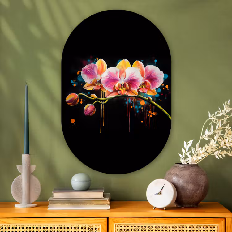Orchidee - Graffiti - Kleurrijk - Bloemen - Abstract Wandcirkel Ovaal Glas middel -sfeer2