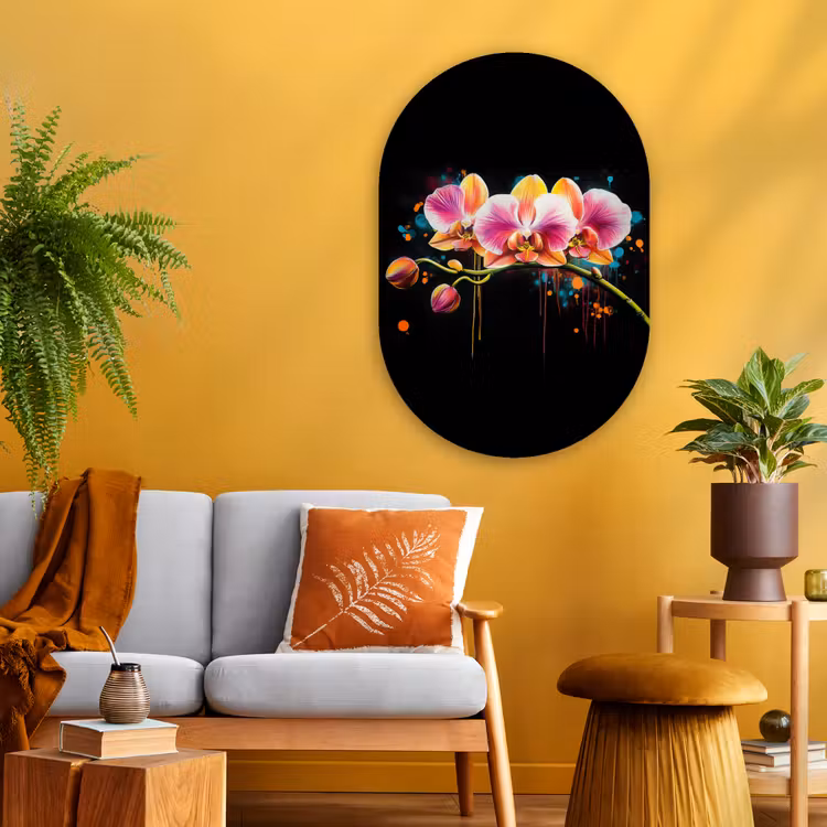 Orchidee - Graffiti - Kleurrijk - Bloemen - Abstract Wandcirkel Ovaal Glas middel -sfeer4