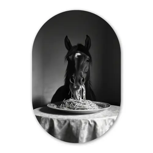 Paard - Bord - Pasta - Tafelkleed - Zwart Wit - Dieren Wandcirkel Ovaal Glas middel -3d
