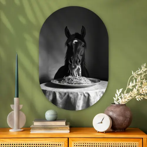 Paard - Bord - Pasta - Tafelkleed - Zwart Wit - Dieren Wandcirkel Ovaal Glas middel -sfeer2