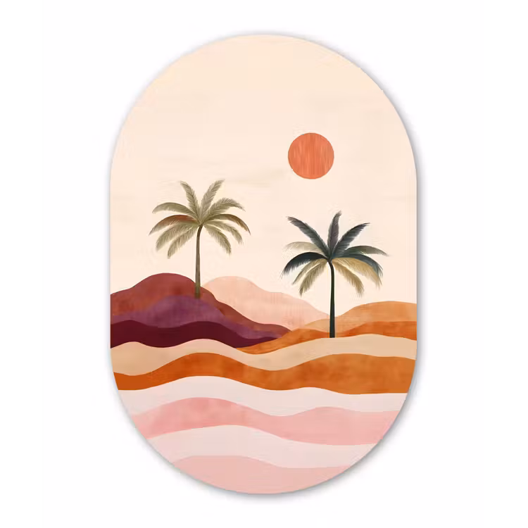 Palmbomen - Abstract - Zon - Heuvels Wandcirkel Ovaal Glas middel -3d
