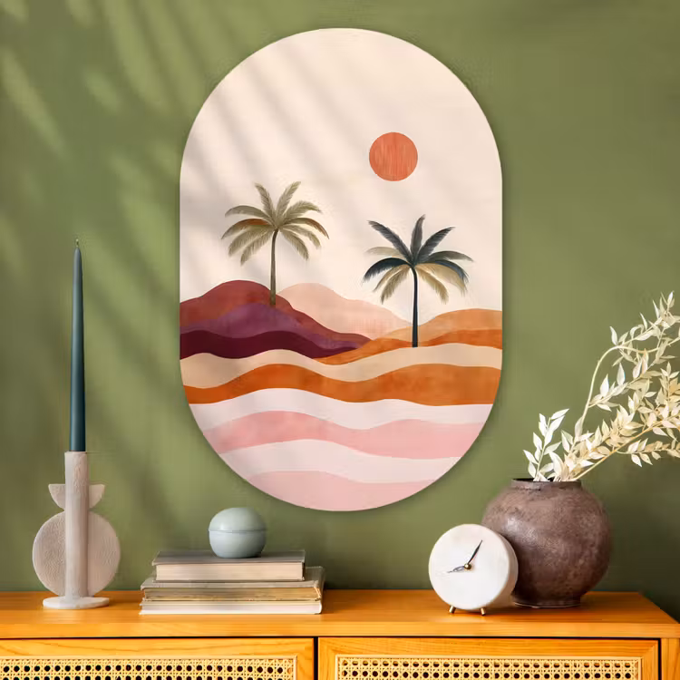 Palmbomen - Abstract - Zon - Heuvels Wandcirkel Ovaal Glas middel -sfeer2