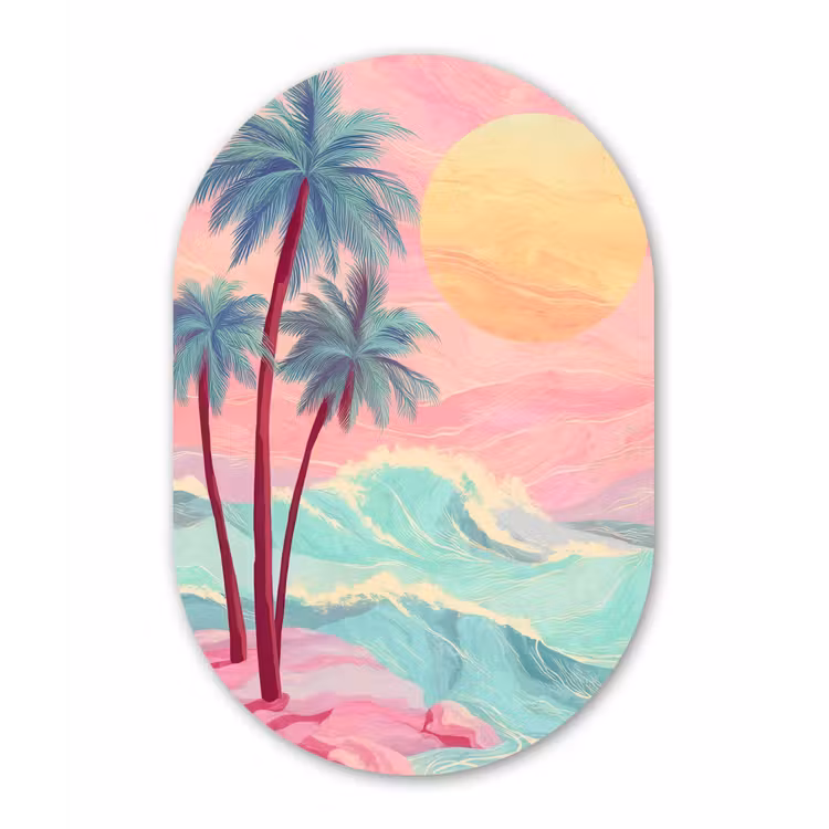 Palmbomen - Golven - Zee Wandcirkel Ovaal Glas middel -3d