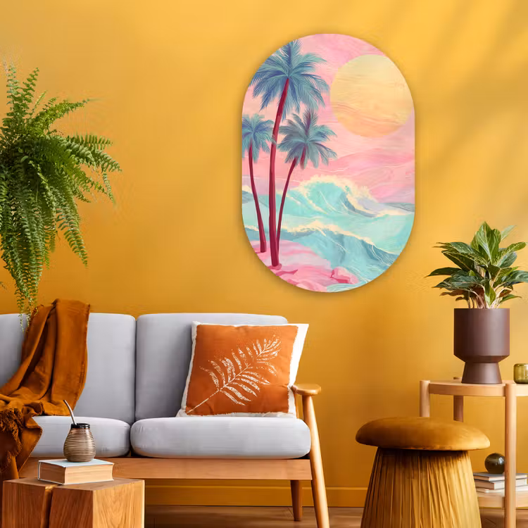 Palmbomen - Golven - Zee Wandcirkel Ovaal Glas middel -sfeer4