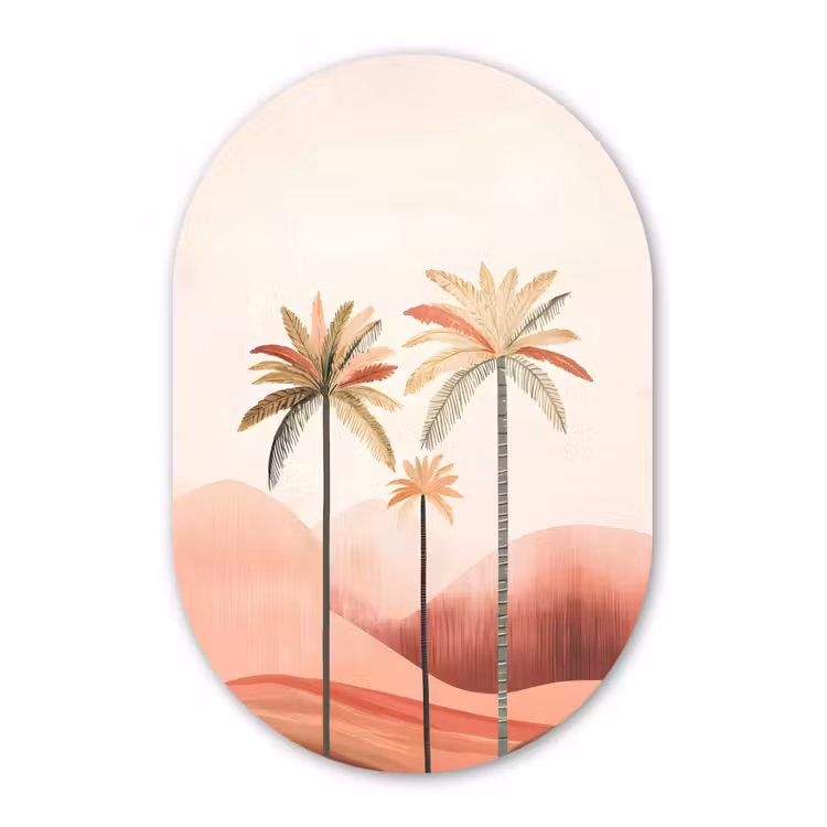 Palmbomen - Heuvels - Minimalistisch - Zachtroze Wandcirkel Ovaal Glas middel -3d