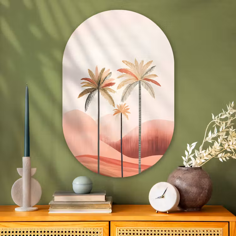 Palmbomen - Heuvels - Minimalistisch - Zachtroze Wandcirkel Ovaal Glas middel -sfeer2