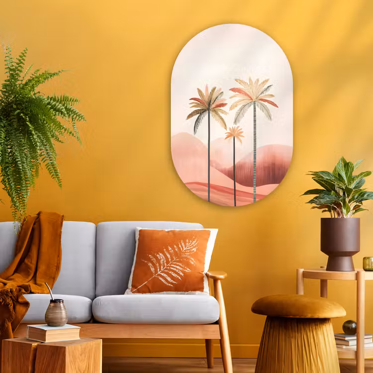 Palmbomen - Heuvels - Minimalistisch - Zachtroze Wandcirkel Ovaal Glas middel -sfeer4