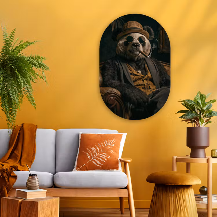 Panda - Hoed - Bril - Pak Wandcirkel Ovaal Glas middel -sfeer4