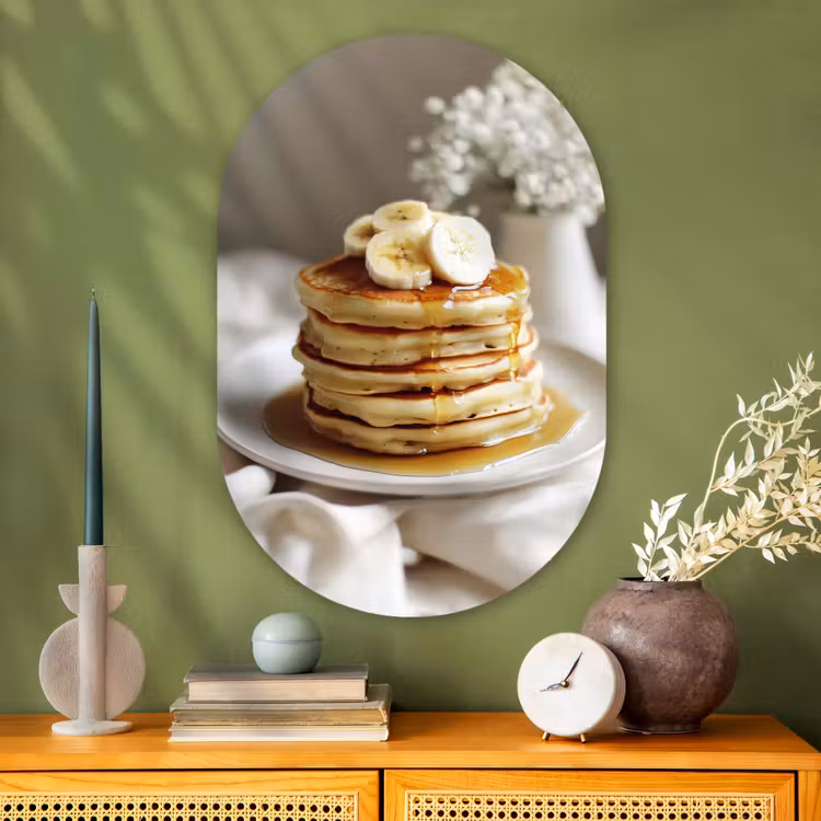 Pannenkoeken - Banaan - Siroop - Wit - Beige Wandcirkel Ovaal Glas middel -sfeer2