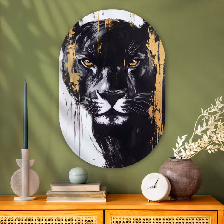 Panter - Zwart - Abstract - Verfstreken Wandcirkel Ovaal Glas middel -sfeer2