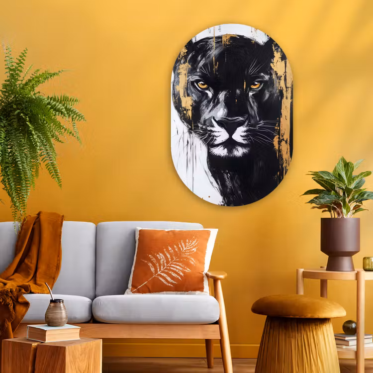 Panter - Zwart - Abstract - Verfstreken Wandcirkel Ovaal Glas middel -sfeer4