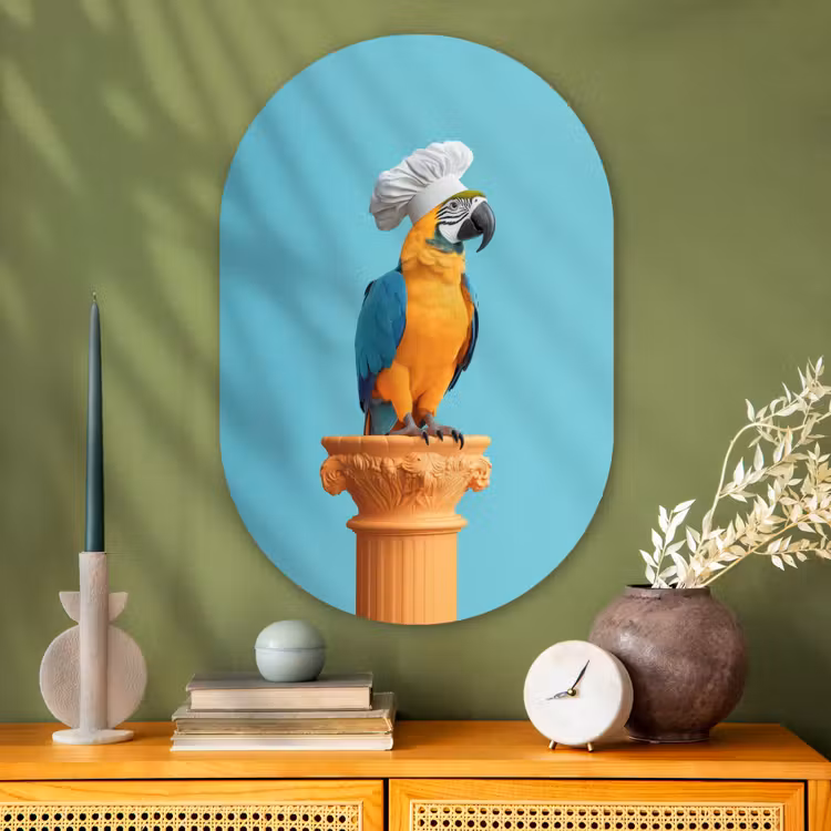 Papegaai - Koksmuts - Grappig - Vogel Wandcirkel Ovaal Glas middel -sfeer2