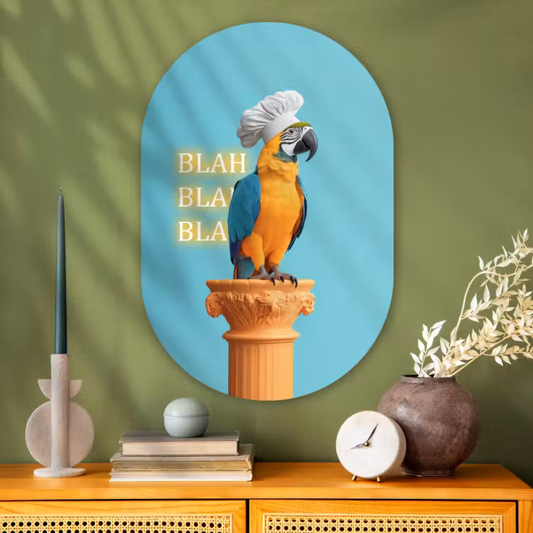 Papegaai - Koksmuts - Quote - Neon Wandcirkel Ovaal Glas middel -sfeer2