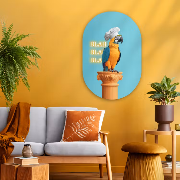 Papegaai - Koksmuts - Quote - Neon Wandcirkel Ovaal Glas middel -sfeer4