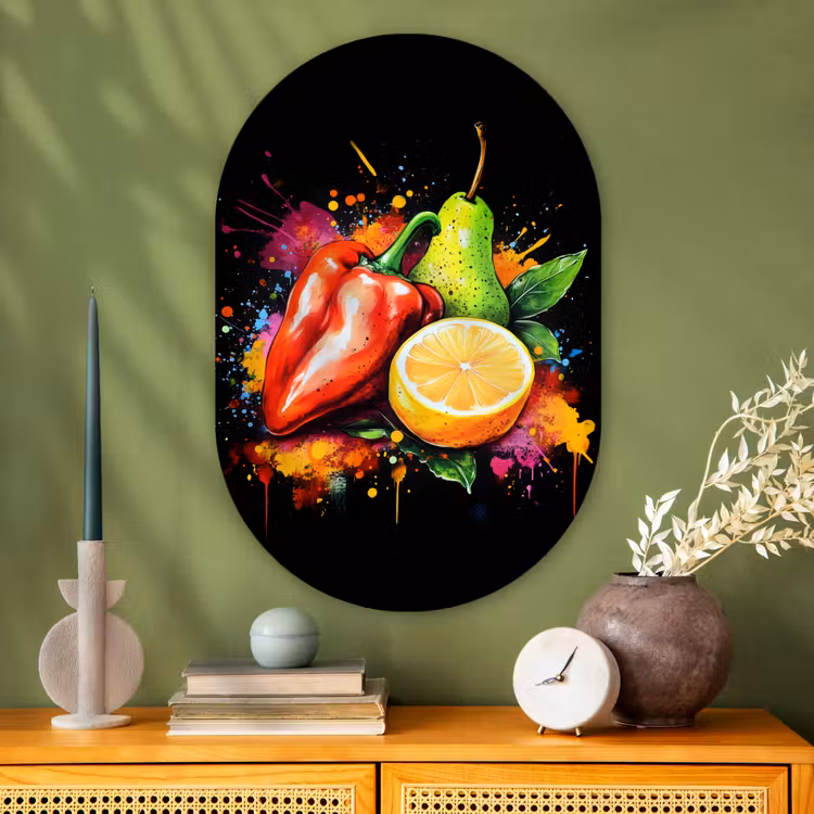 Paprika - Peer - Citroen - Graffiti - Verf - Abstract Wandcirkel Ovaal Glas middel -sfeer2