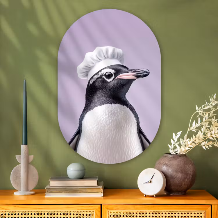 Pinguïn - Koksmuts - Lief - Paars Wandcirkel Ovaal Glas middel -sfeer2