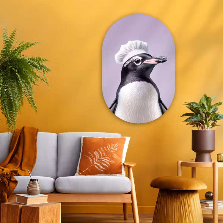 Pinguïn - Koksmuts - Lief - Paars Wandcirkel Ovaal Glas middel -sfeer4