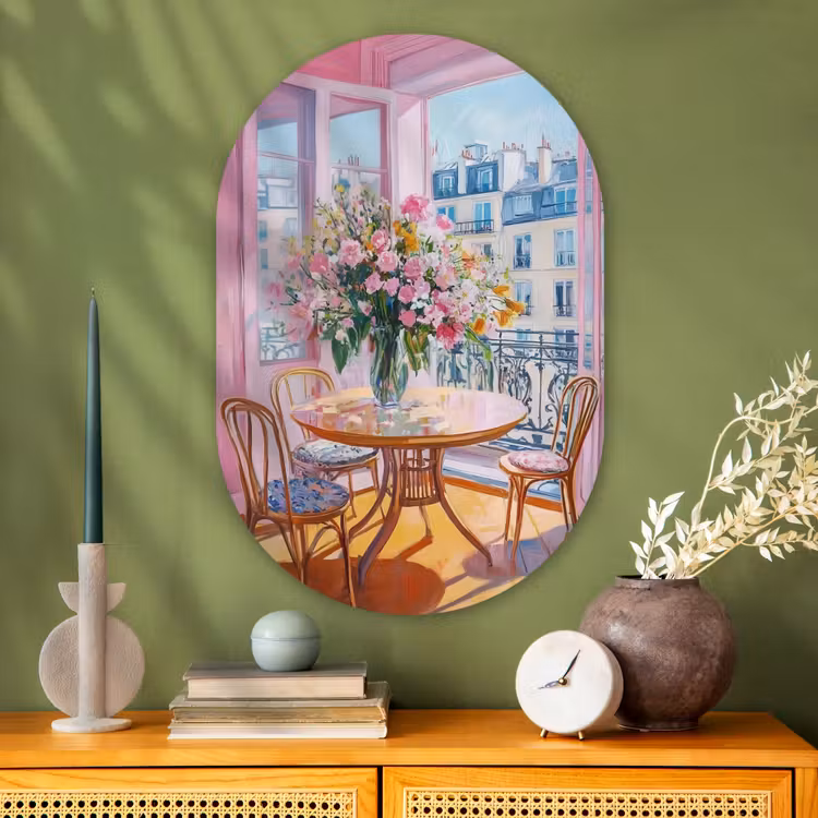 Pink - City - Bloemen Wandcirkel Ovaal Glas middel -sfeer2