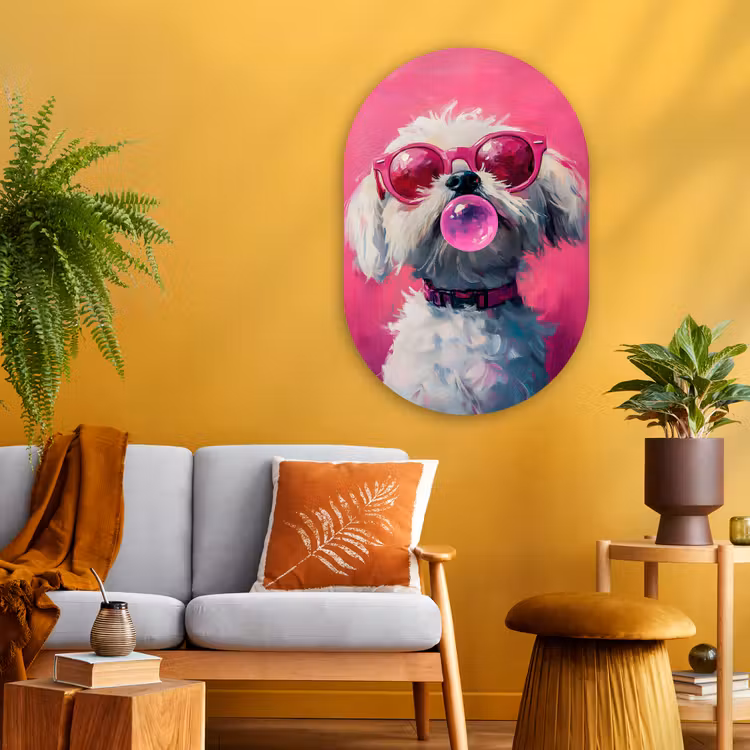 Pink - Hond - Bubbel Wandcirkel Ovaal Glas middel -sfeer4