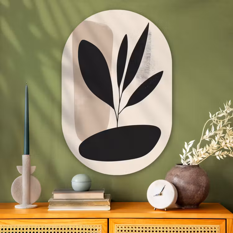 Plant - Beige - Japandi Wandcirkel Ovaal Glas middel -sfeer2