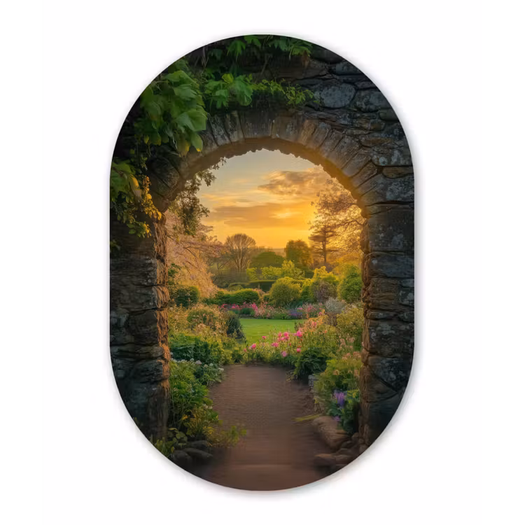 Poort - Planten - Zonsondergang Wandcirkel Ovaal Glas middel -3d