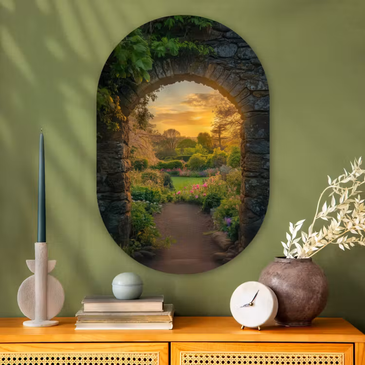 Poort - Planten - Zonsondergang Wandcirkel Ovaal Glas middel -sfeer2