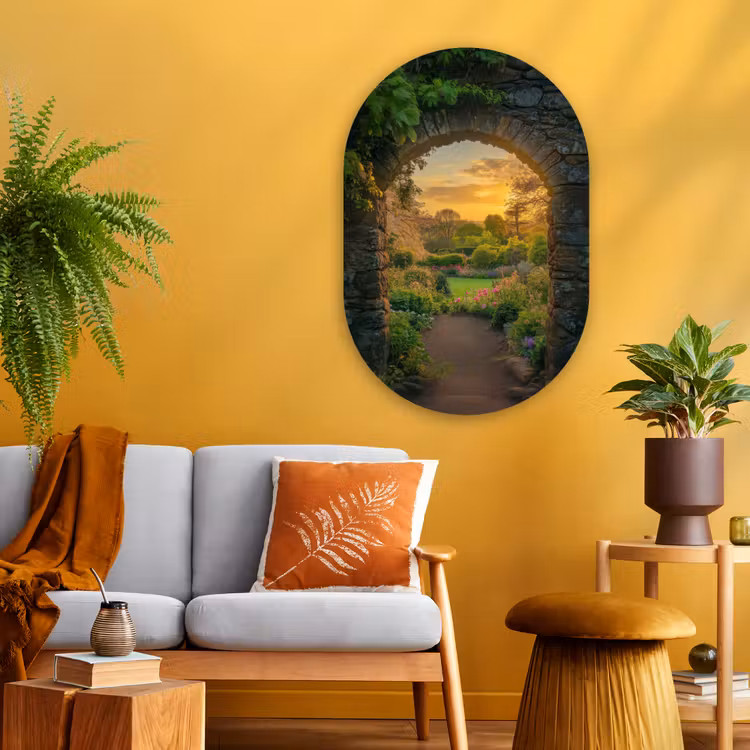 Poort - Planten - Zonsondergang Wandcirkel Ovaal Glas middel -sfeer4