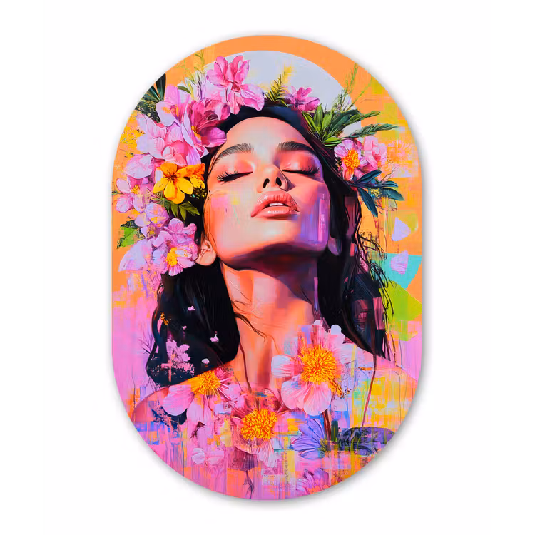 Portret - Bloemenkroon - Vrouw Wandcirkel Ovaal Glas middel -3d