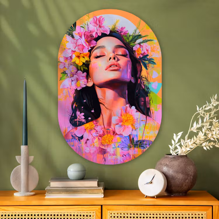 Portret - Bloemenkroon - Vrouw Wandcirkel Ovaal Glas middel -sfeer2