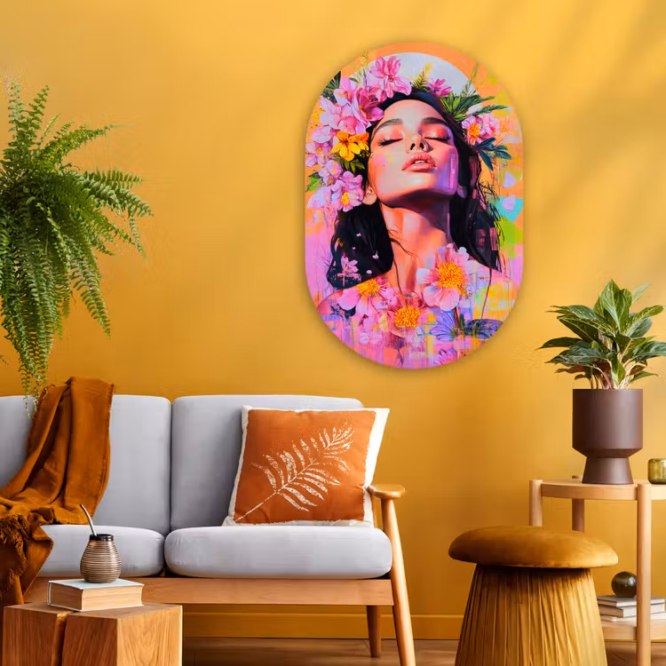 Portret - Bloemenkroon - Vrouw Wandcirkel Ovaal Glas middel -sfeer4