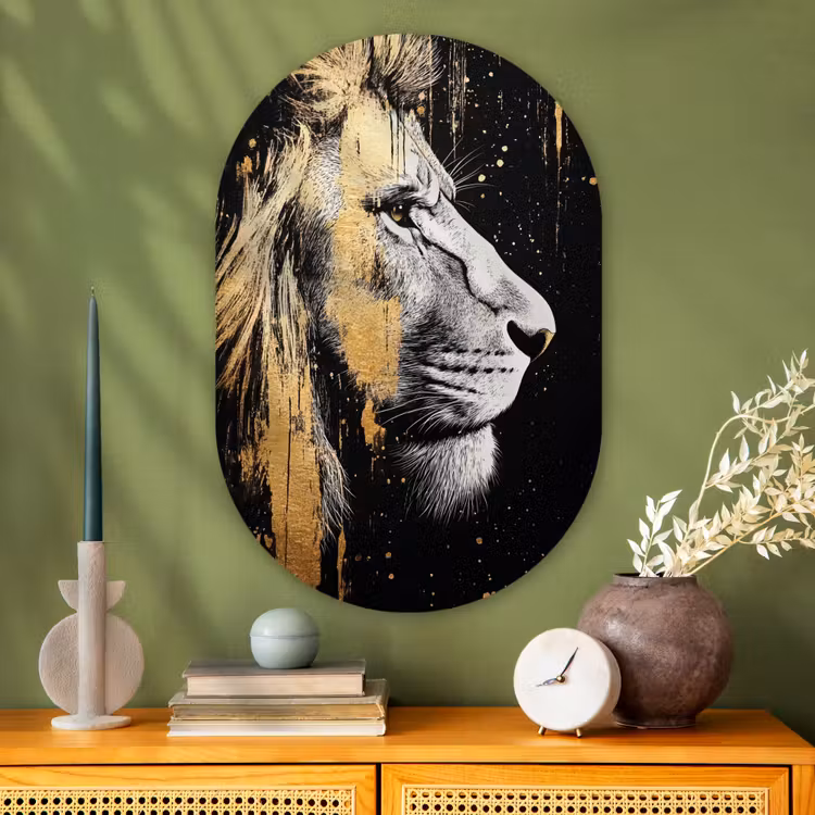 Portret - Leeuw - Abstract - Goud Wandcirkel Ovaal Glas middel -sfeer2
