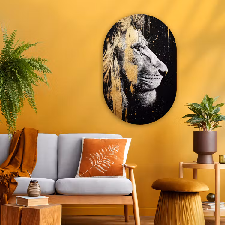 Portret - Leeuw - Abstract - Goud Wandcirkel Ovaal Glas middel -sfeer4