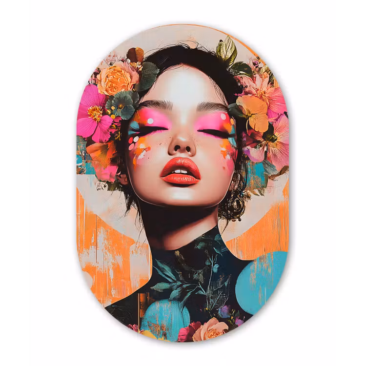 Portret - Vrouw - Abstract - Bloemen Wandcirkel Ovaal Glas middel -3d