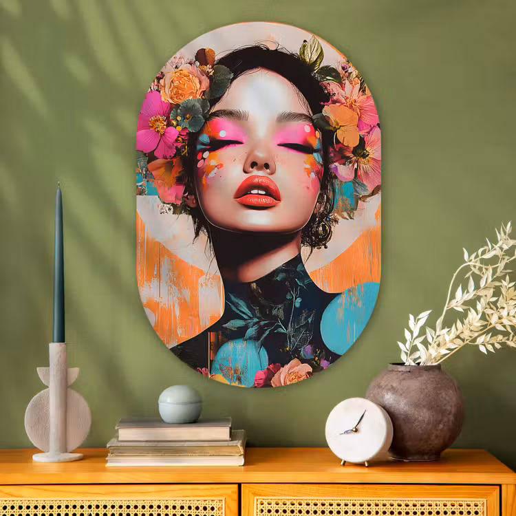 Portret - Vrouw - Abstract - Bloemen Wandcirkel Ovaal Glas middel -sfeer2