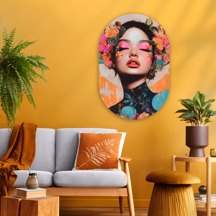 Portret - Vrouw - Abstract - Bloemen Wandcirkel Ovaal Glas middel -sfeer4