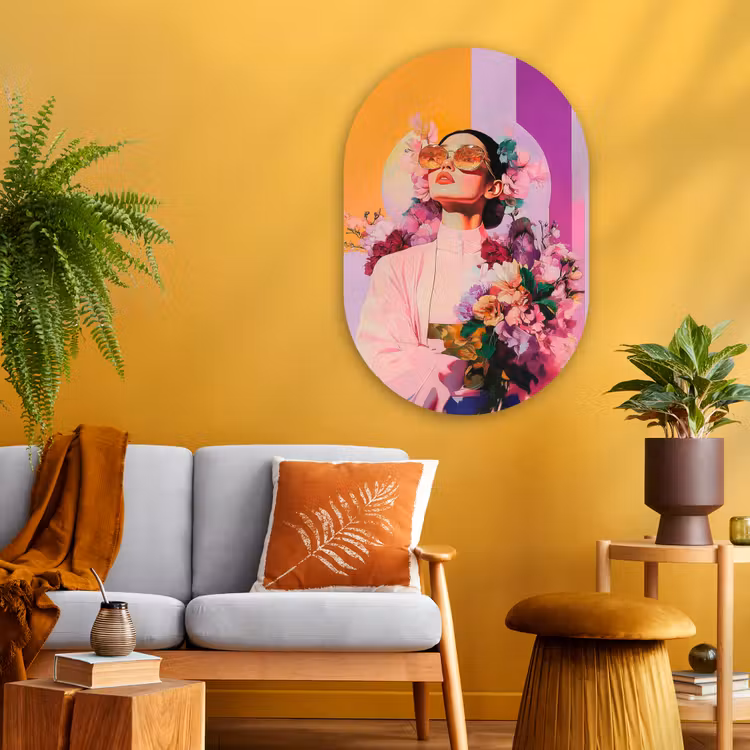 Portret - Vrouw - Abstract - Bloemen Wandcirkel Ovaal Glas middel -sfeer4
