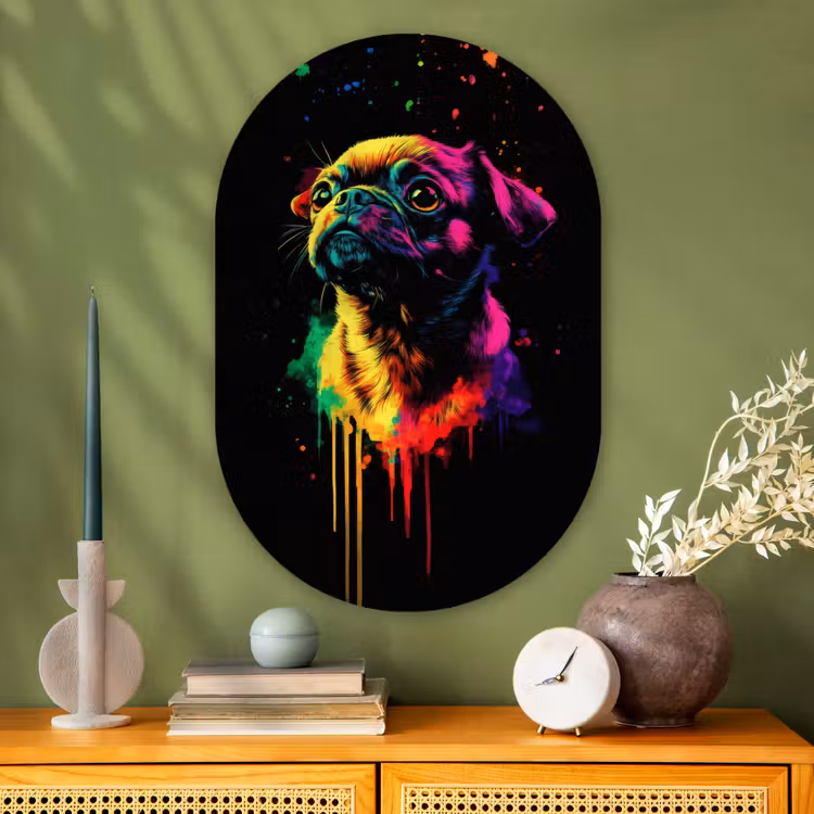 Puck - Hond - Verf - Kleuren Wandcirkel Ovaal Glas middel -sfeer2