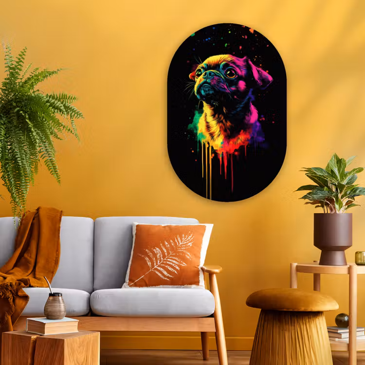 Puck - Hond - Verf - Kleuren Wandcirkel Ovaal Glas middel -sfeer4