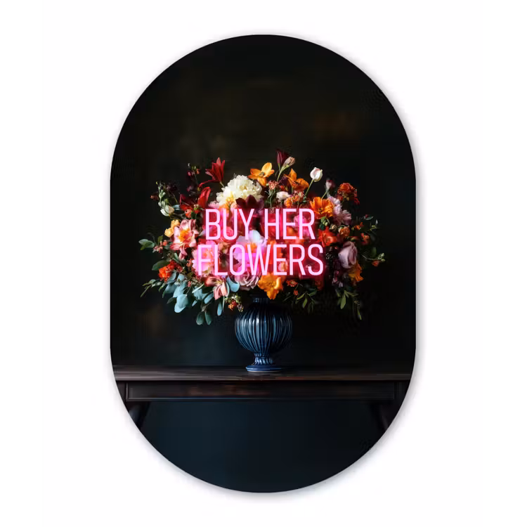 Quote - Bloemen - Vaas - Neon Wandcirkel Ovaal Glas middel -3d