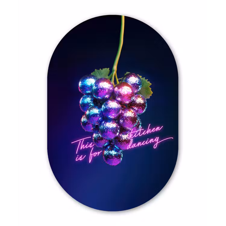 Quote - Neon - Disco - Druiven Wandcirkel Ovaal Glas middel -3d