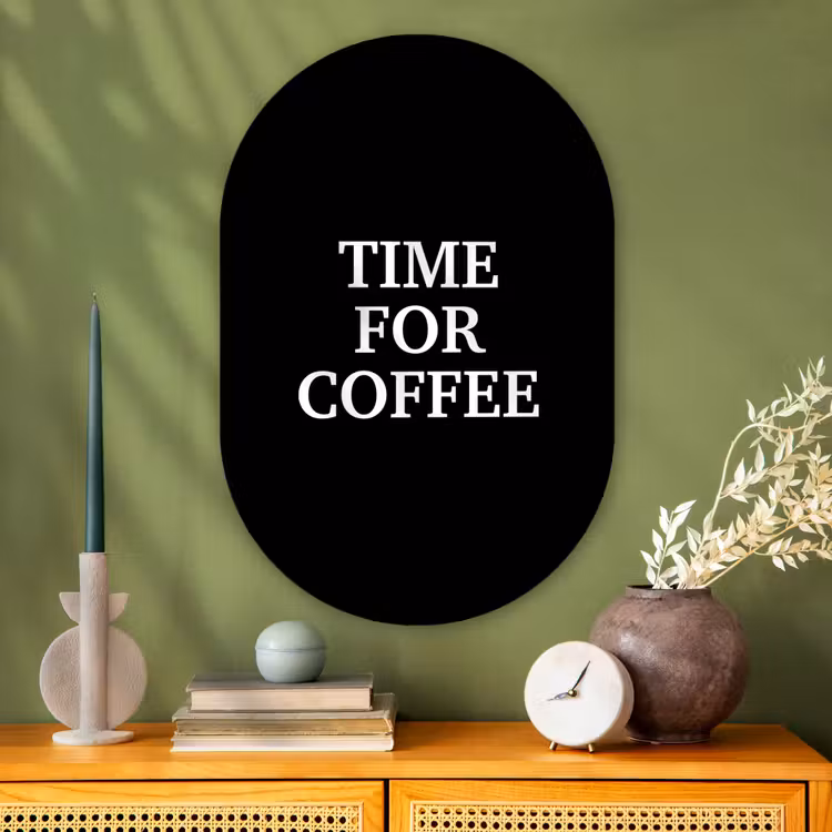 Quotes - Letters - Koffie - Zwart Wandcirkel Ovaal Glas middel -sfeer2