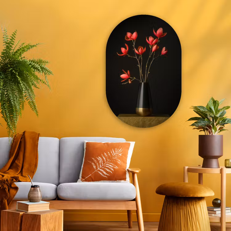 Rode - Bloemen - Vaas Wandcirkel Ovaal Glas middel -sfeer4