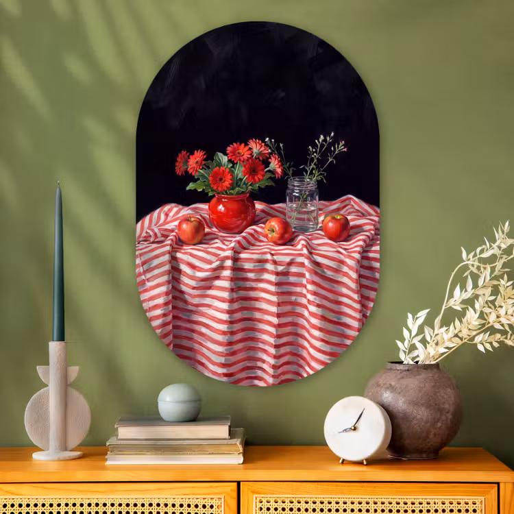Muurovaal glas - Rode bloemen - Vaas - Rode bloemen - Vaas Wandcirkel Ovaal Glas middel
