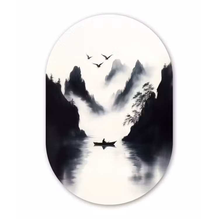 Roeiboot - Mistig - Bergen - Vogels Wandcirkel Ovaal Glas middel -3d
